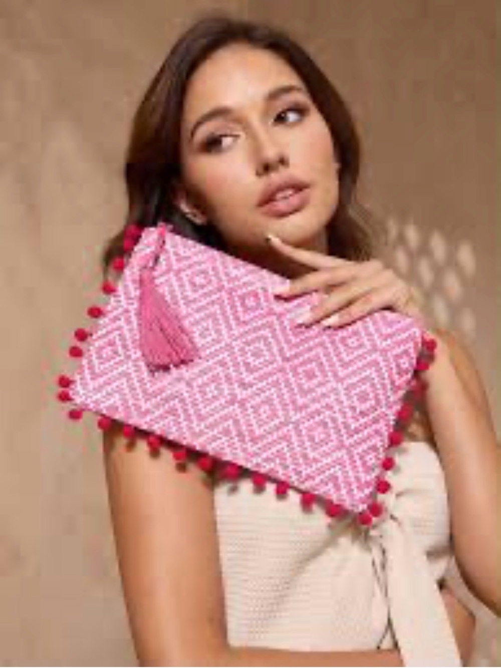 Pink Woven Pom-Pom Clutch